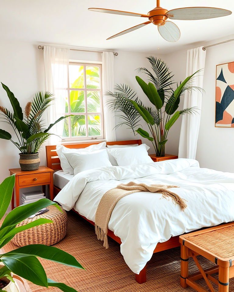 white linen bedding tropical bedroom