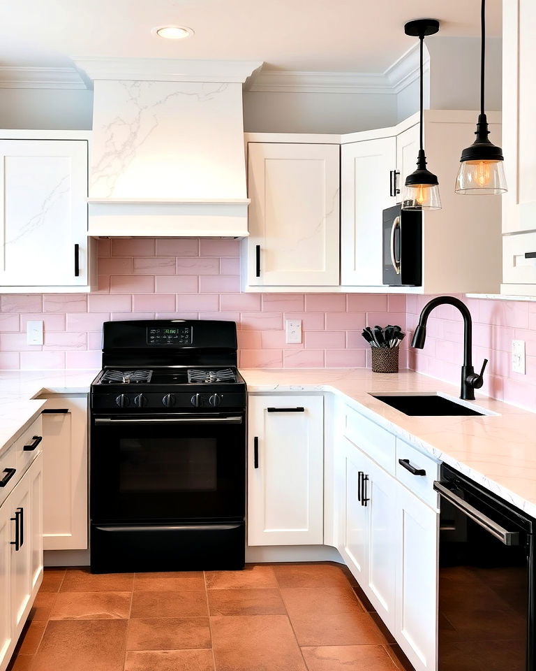 white marble countertop and black appliances