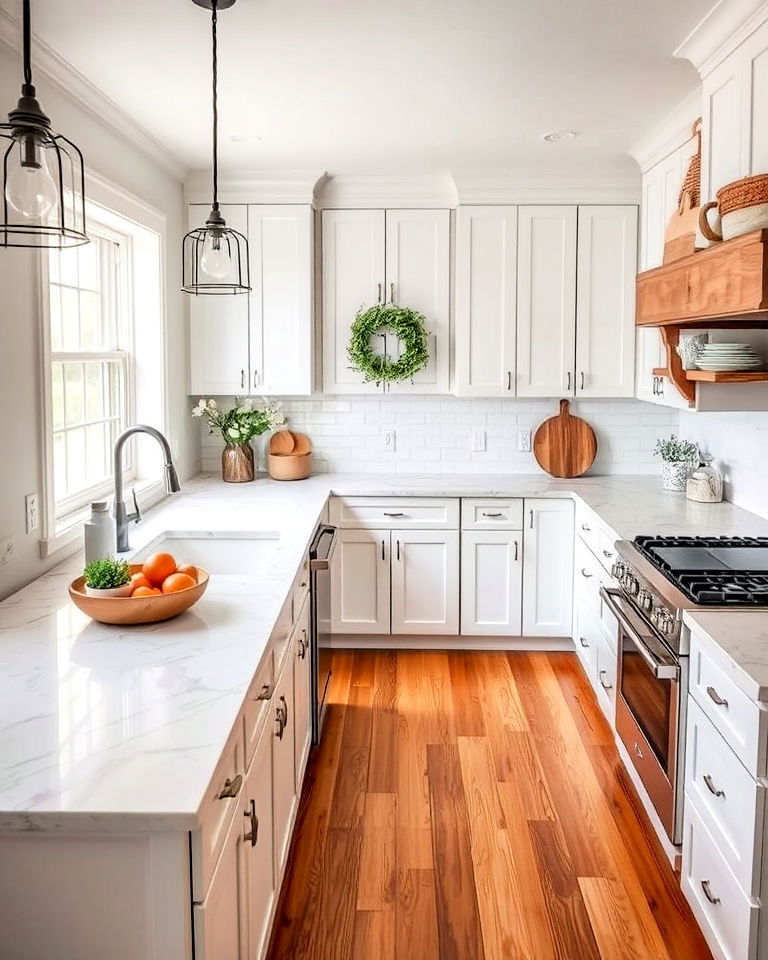 white marble countertops for a farmhouse twist