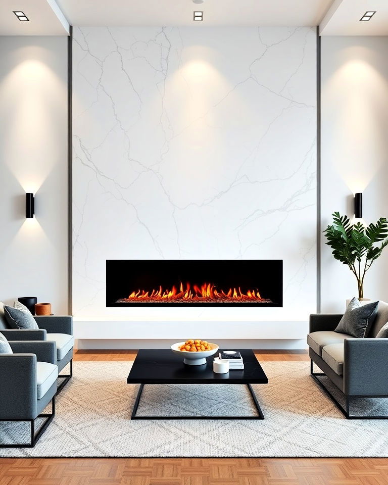 white marble fireplace surround with a black grate