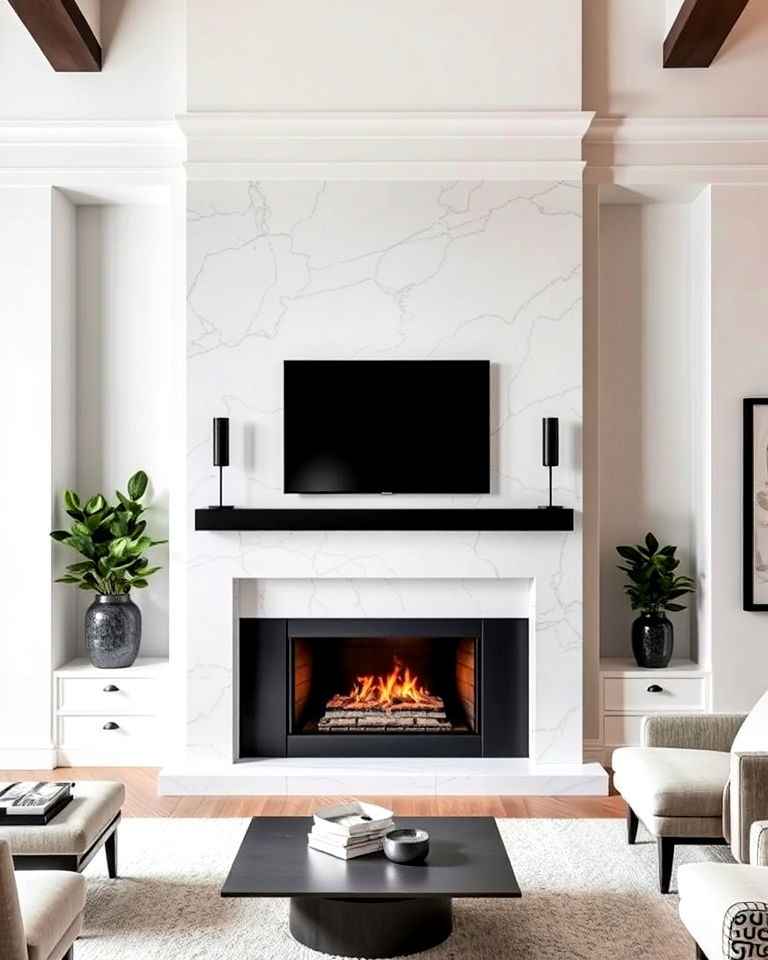 white marble hearth with an elegant black mantel