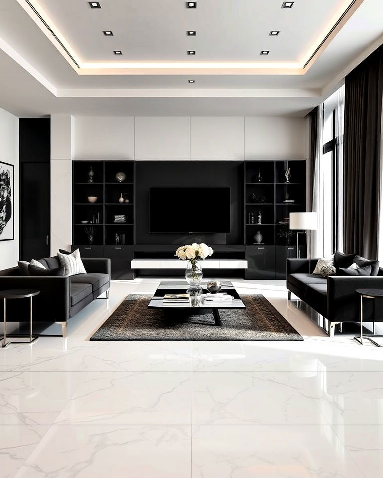 white marble with dark furniture for striking contrast