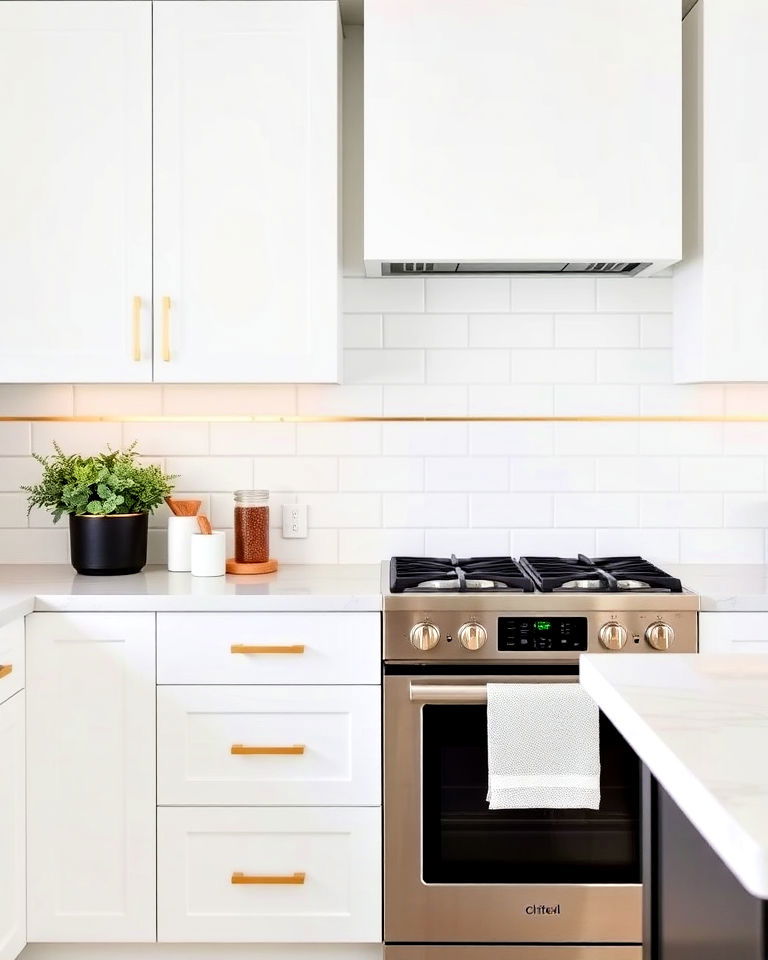 white matte subway tiles backsplash with gold stripe accents