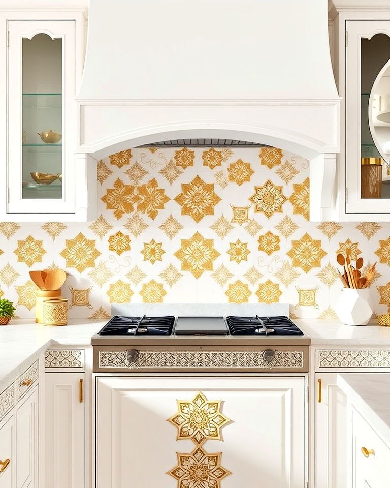 white moroccan tiles with gold detailing backsplash