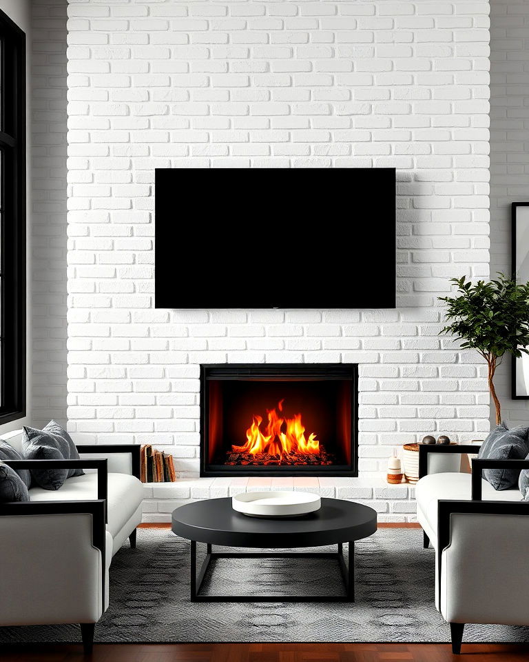 white painted brick fireplace with a modern black insert