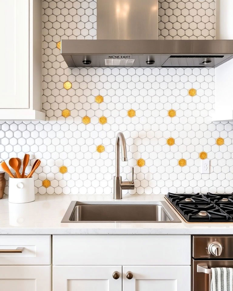white penny round tiles backsplash with gold accents