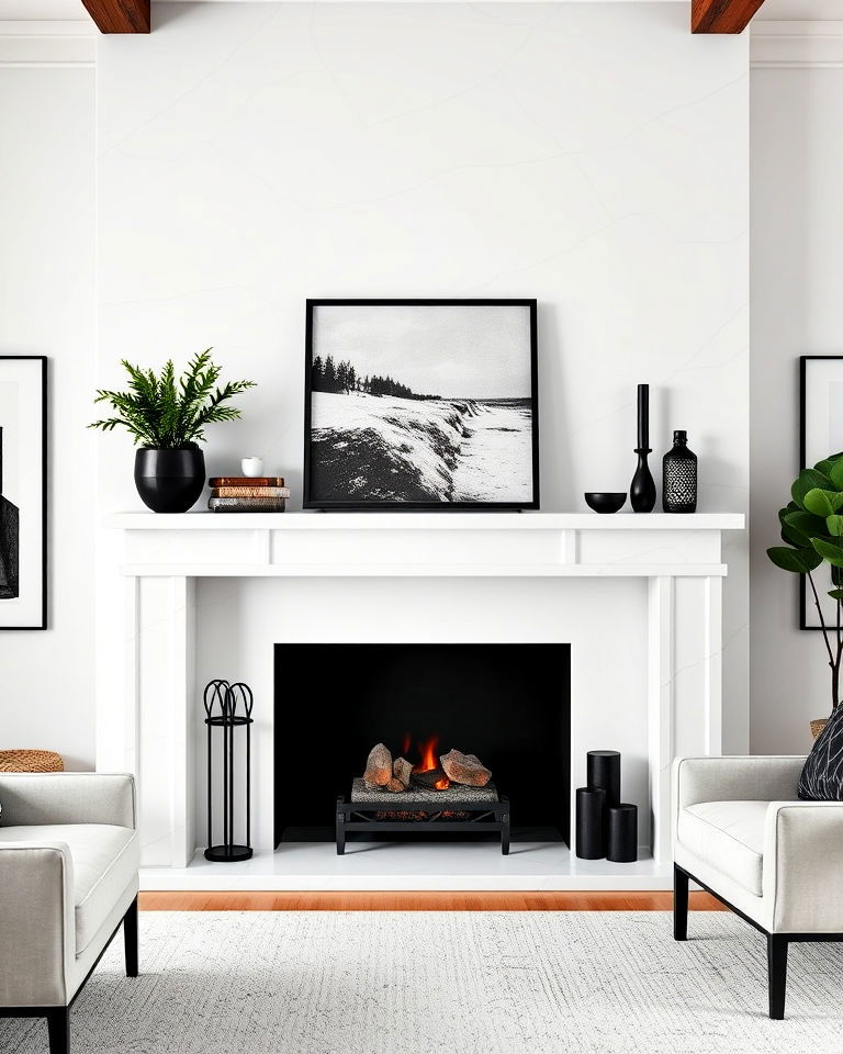 white plaster fireplace with elegant black metal accents