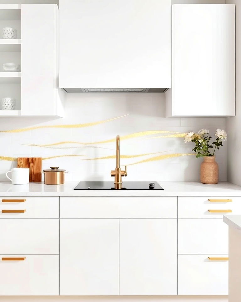 white porcelain tiles backsplash with brushed gold streaks