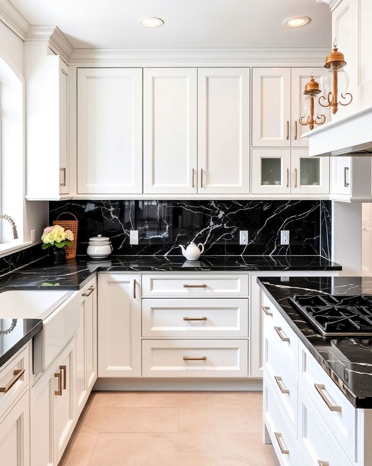 white shaker cabinets with black marble countertop