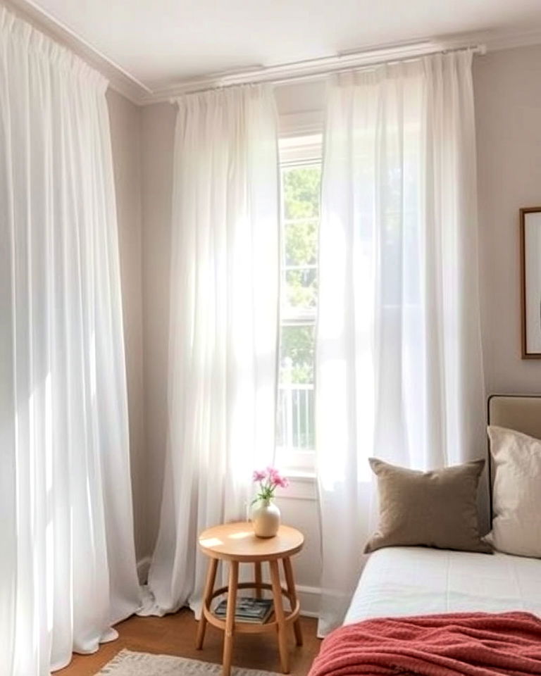 white sheer curtains to soften your bedroom space