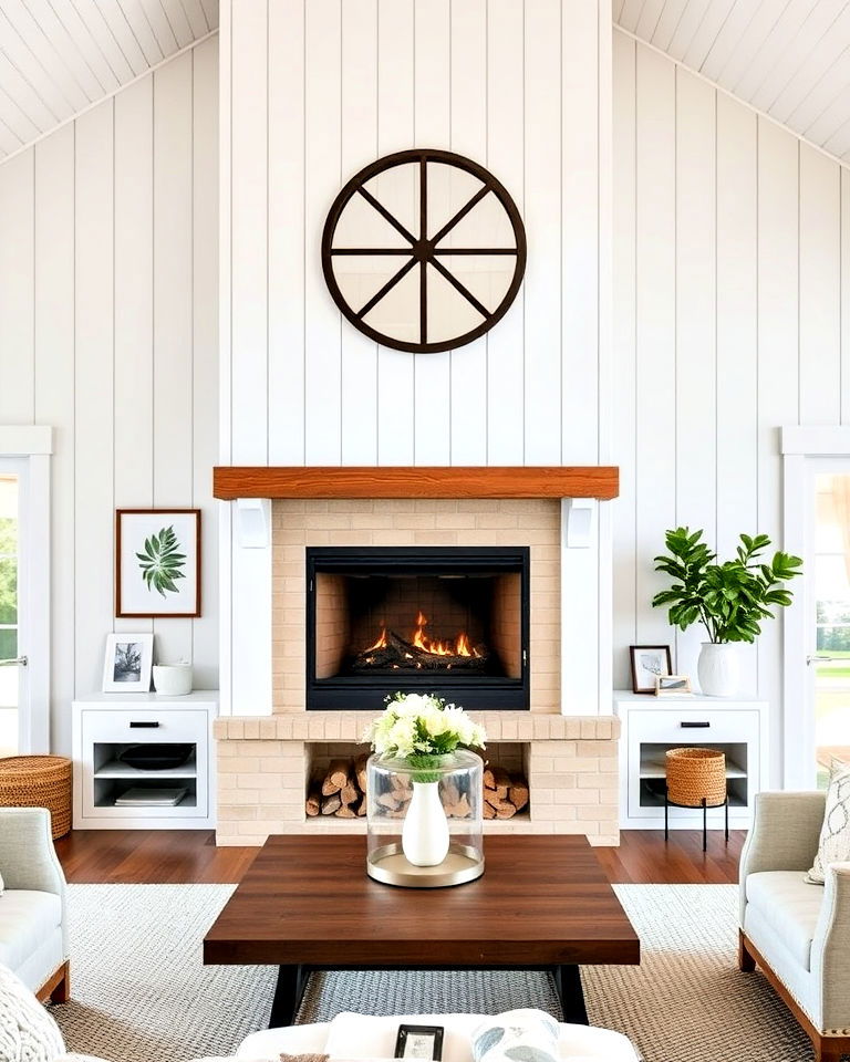 white shiplap floor to ceiling fireplace