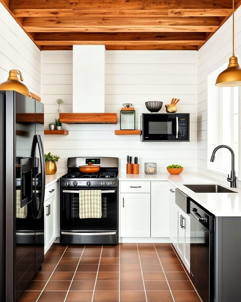 white shiplap walls with black appliances