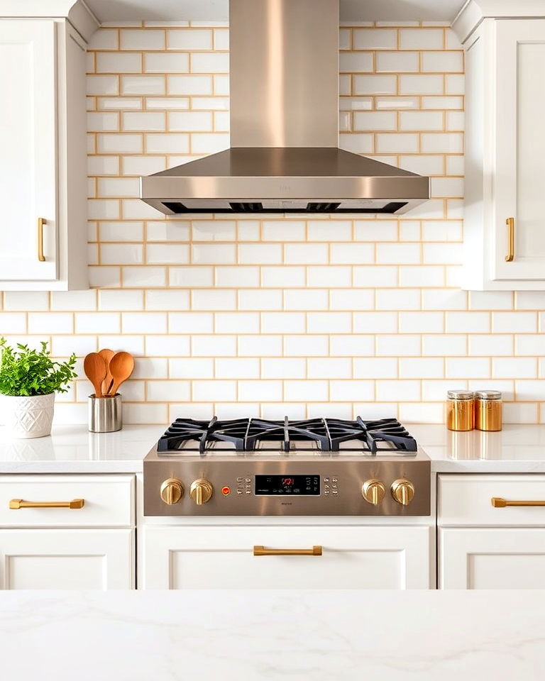 white subway tile with gold grout backsplash