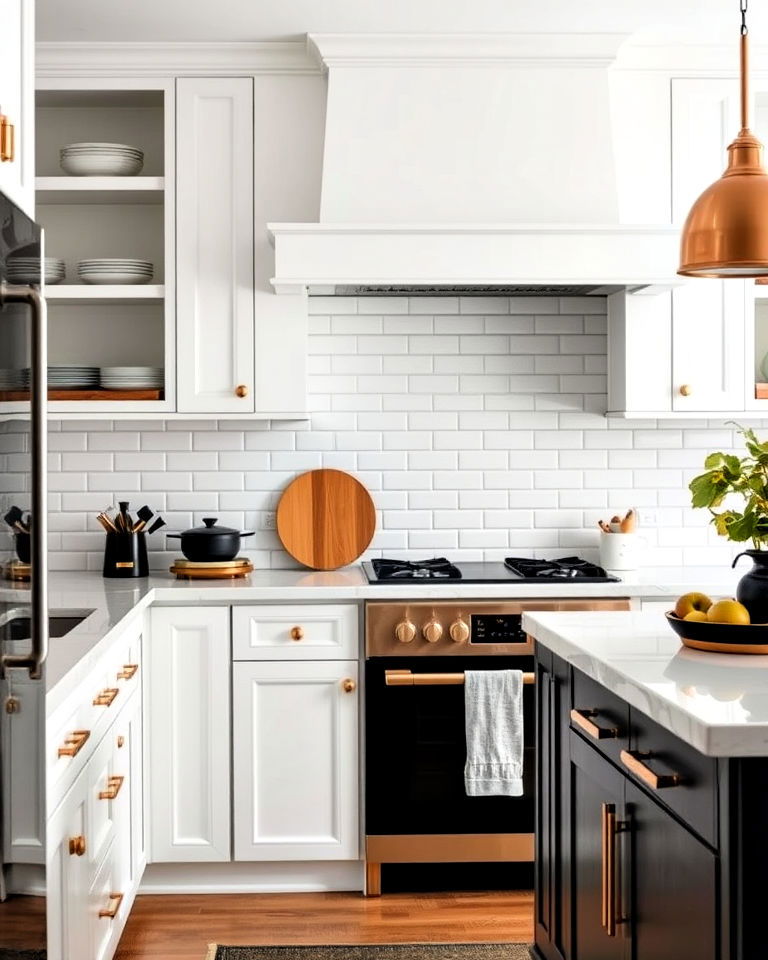 white subway tiles with black and gold accents