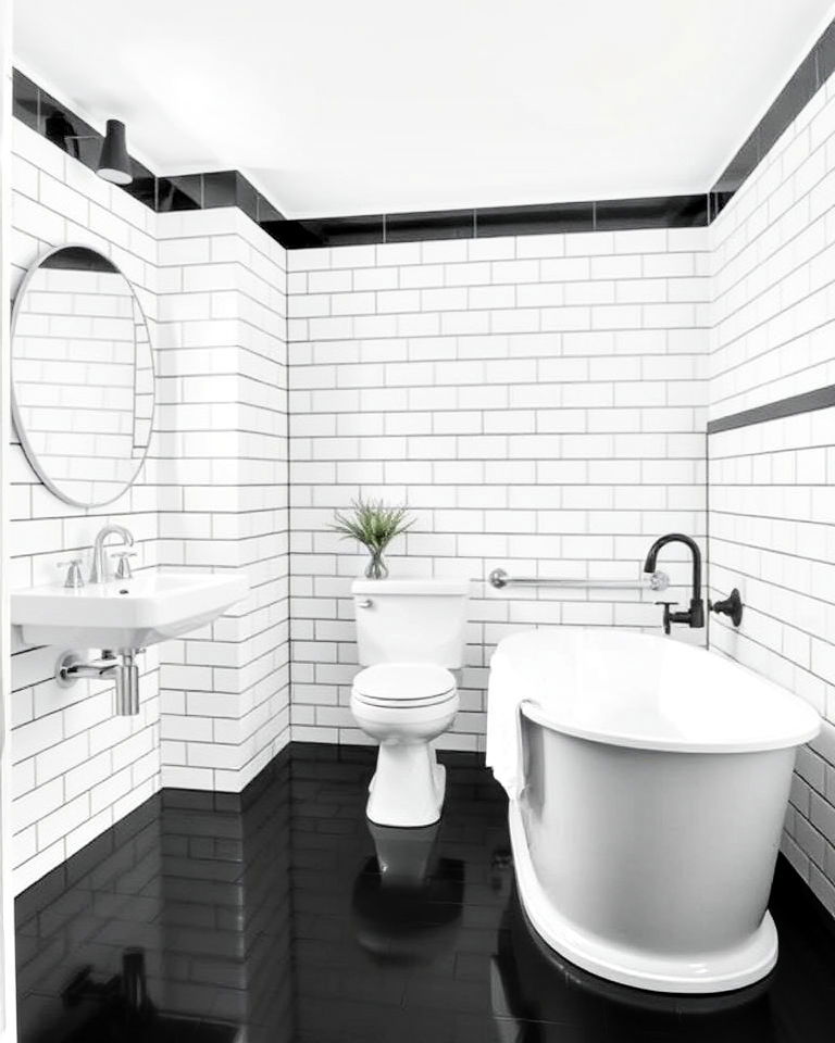 white subway tiles with black grout walls with black floor bathroom