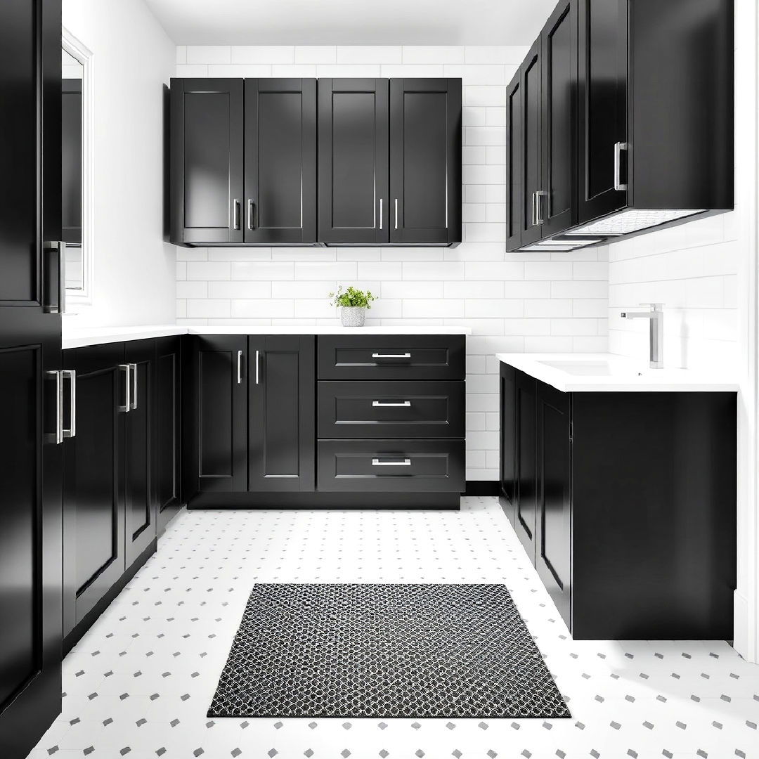 white tile backsplash with black cabinets