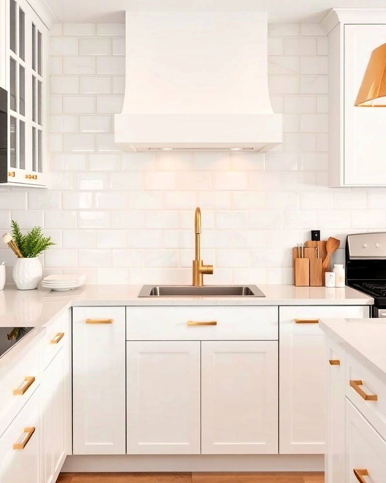 white tile backsplash with gold grout