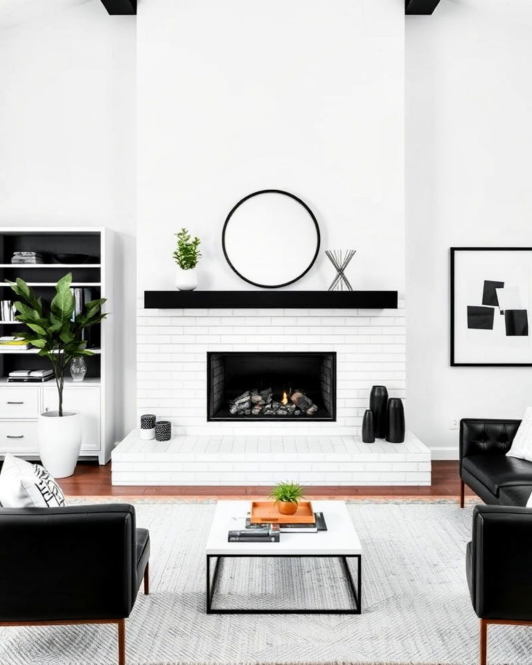 white tile fireplace hearth with black mantel for a crisp look