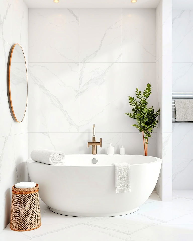 white tiles bathroom with grey veins for a natural stone effect