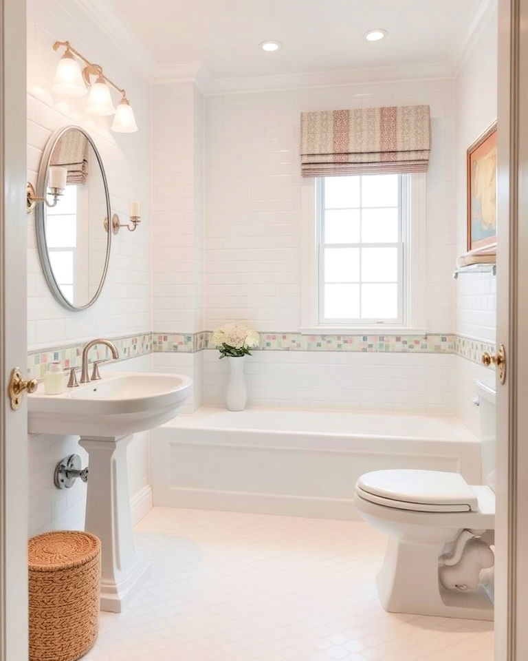 white tiles bathroom with pastel accents for a soft feminine touch