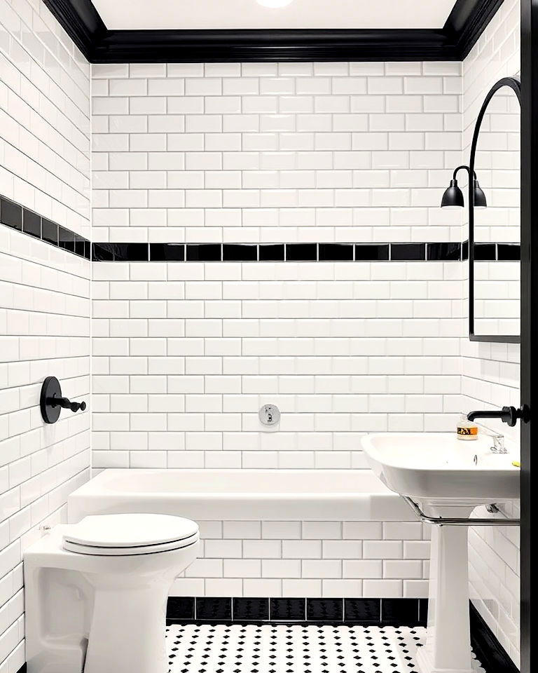white tiles with black trim for a bold contrast
