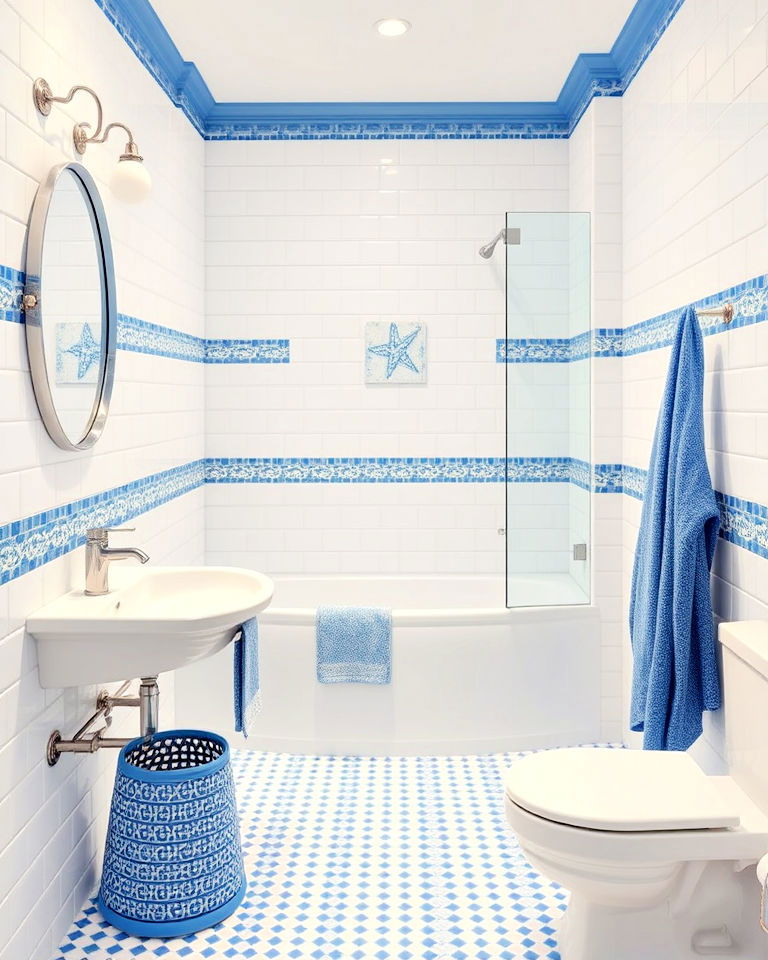 white tiles with blue accents for a coastal feel bathroom