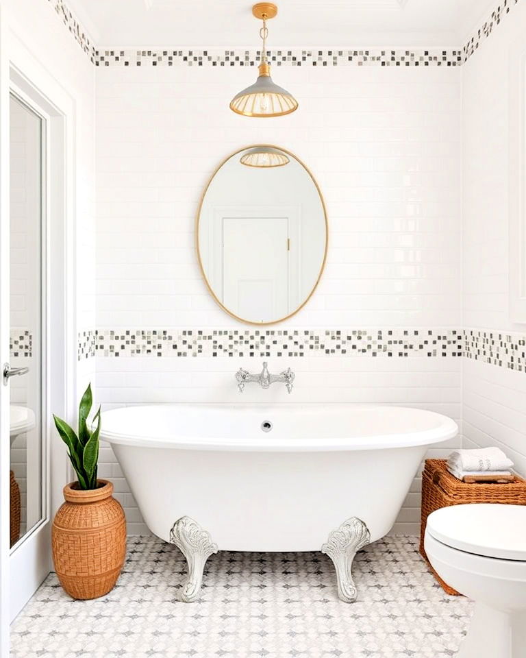 white tiles with mosaic accents for a custom touch