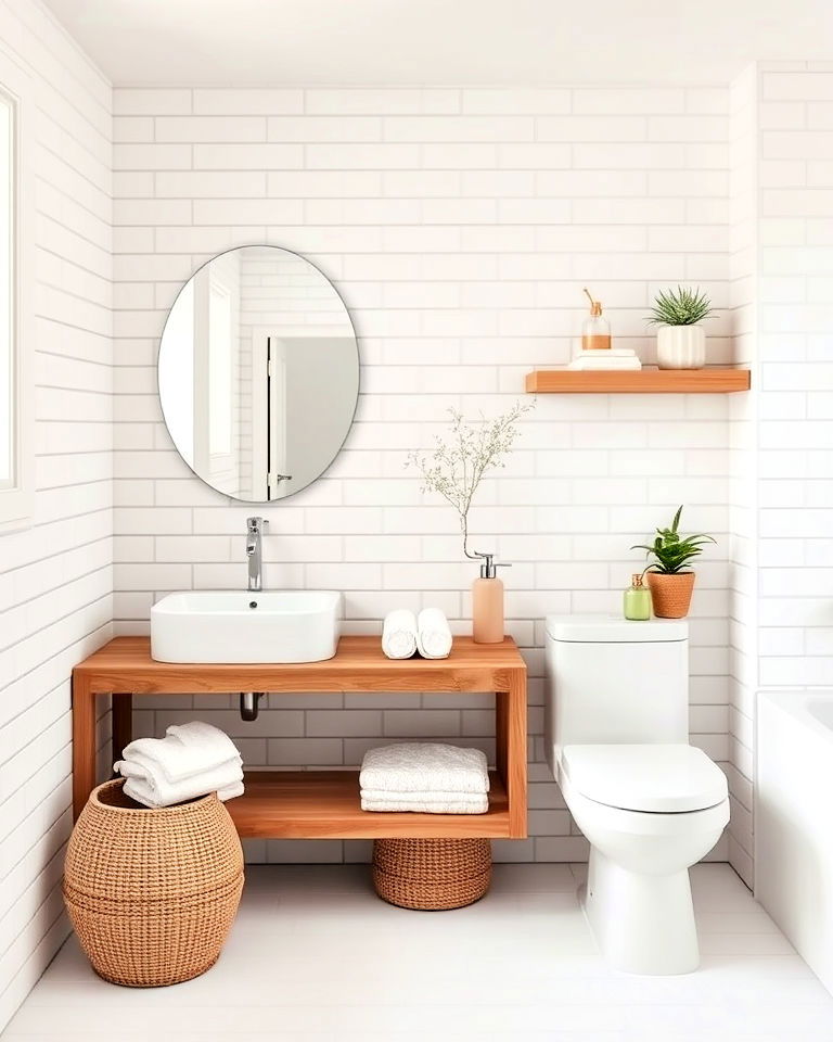 white tiles with wooden accents for a scandinavian look