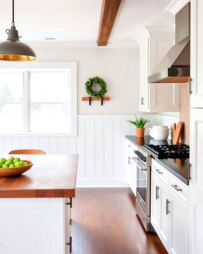 white wainscoting with dark flooring
