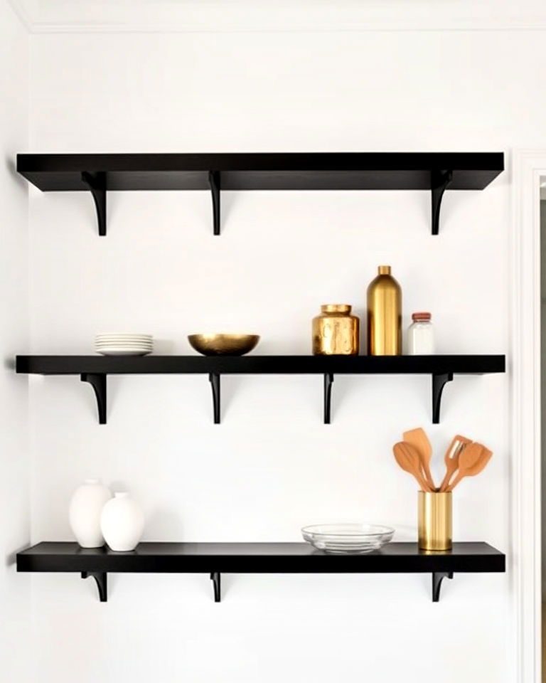 white walls with black shelving and gold accessories