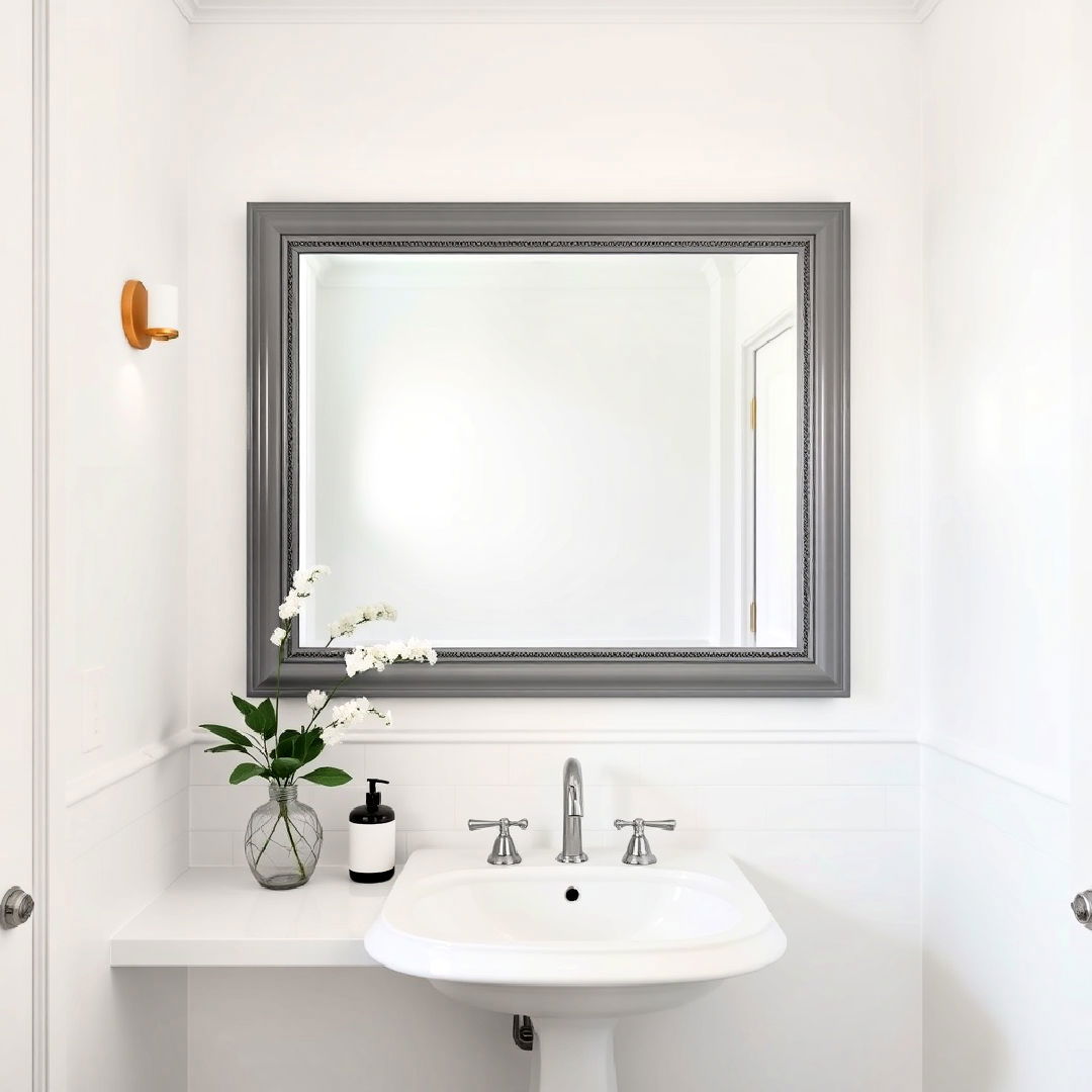 white walls with grey framed mirror for bathroom