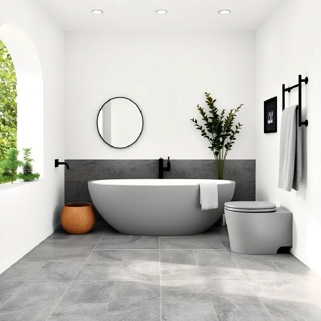 white walls with grey stone flooring for bathroom