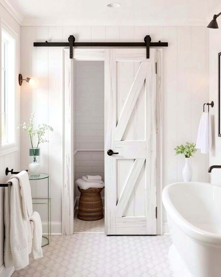 whitewashed barn door for beach inspired bathroom