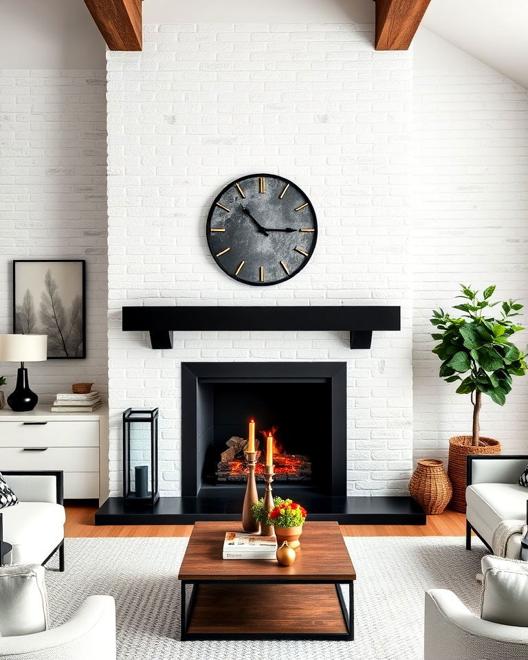 whitewashed brick fireplace with bold black mantel