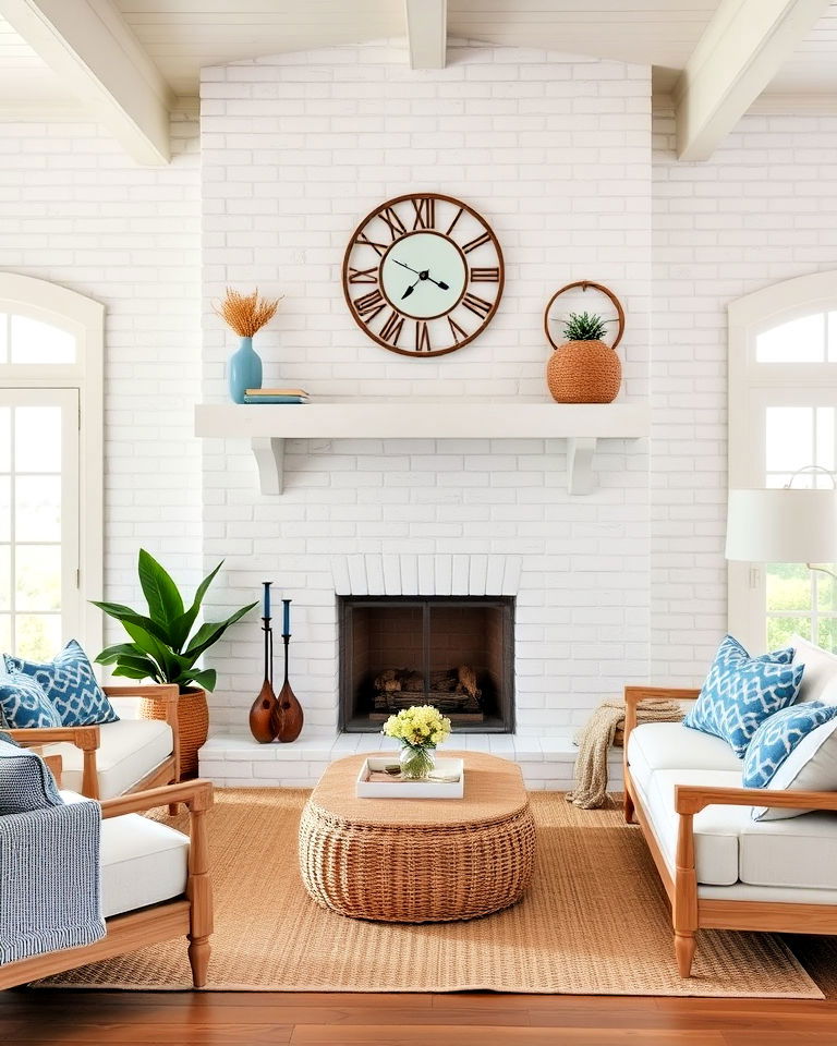 whitewashed brick fireplace