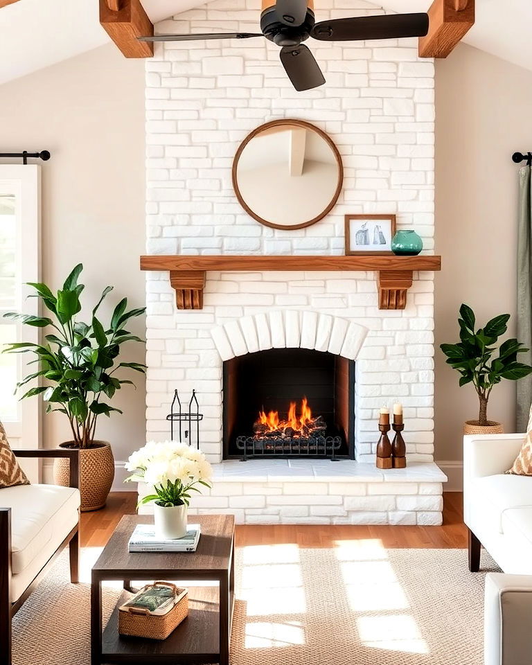 whitewashed faux stone fireplace