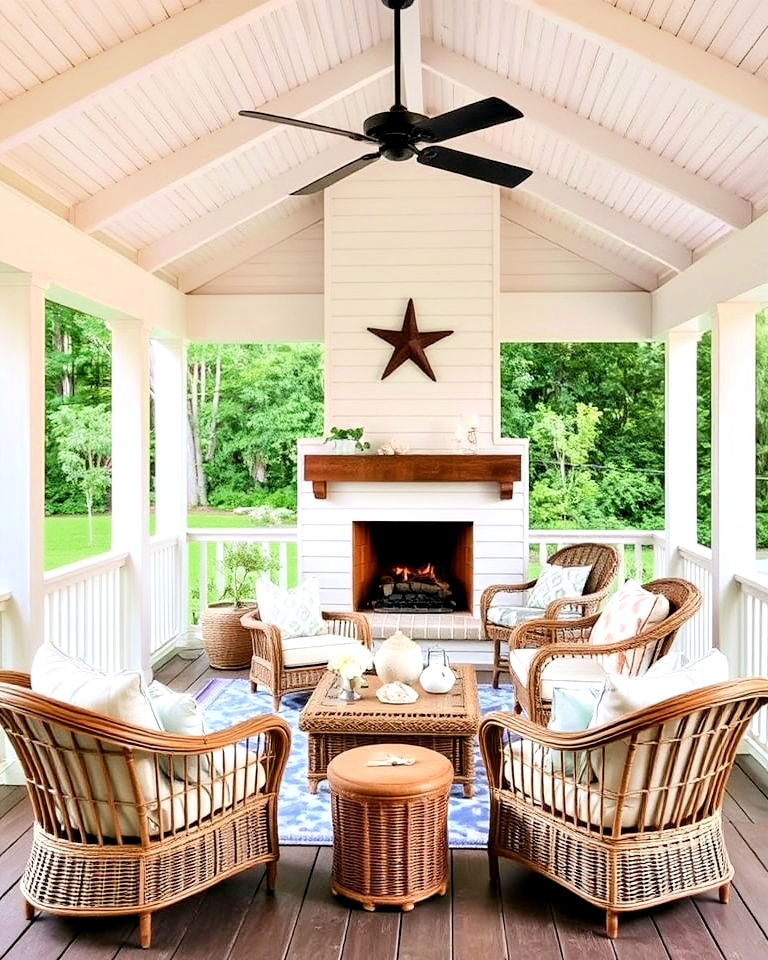 whitewashed fireplace for covered deck design