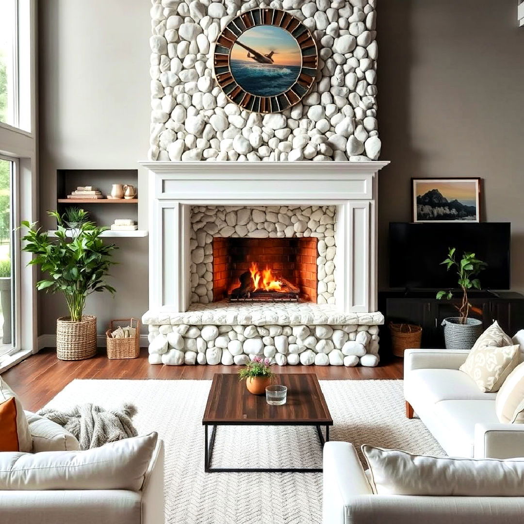 whitewashed river rock fireplace