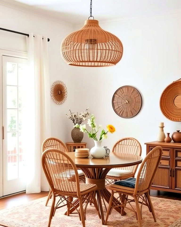 wicker accents 70s inspired dining room