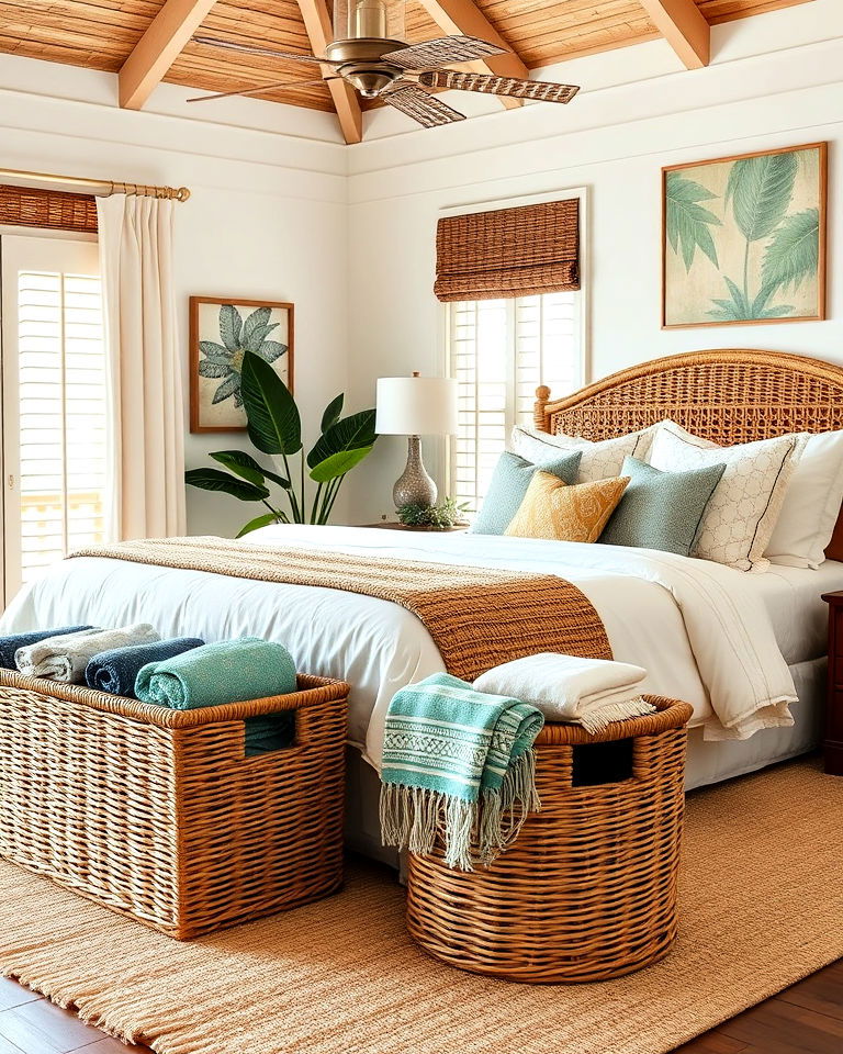 wicker baskets tropical bedroom