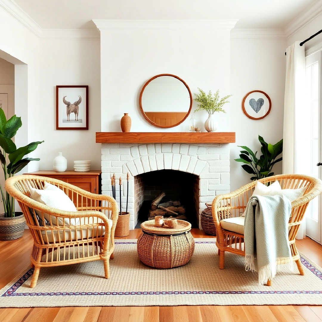 wicker chairs in front of fireplace