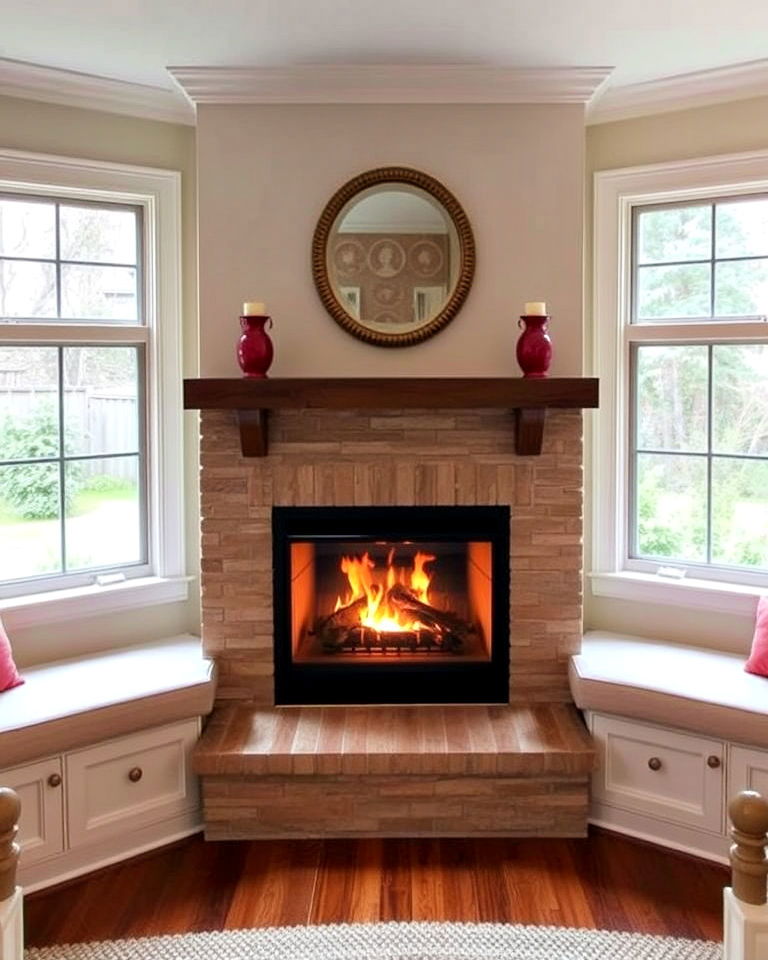 window seat flanking the fireplace