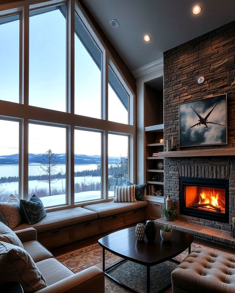 window side seating bench with a fireplace view