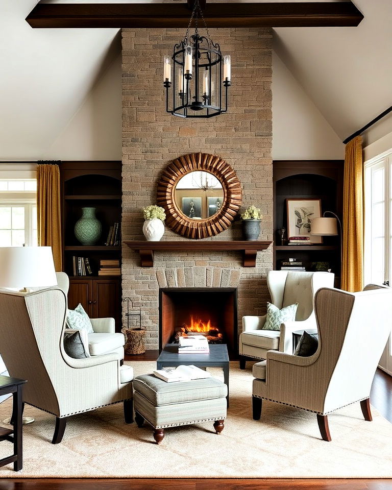 wingback chairs near the fireplace for comfort