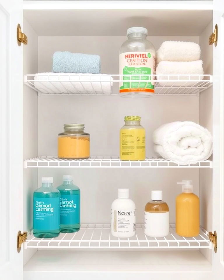 wire shelving bathroom cabinet organizing