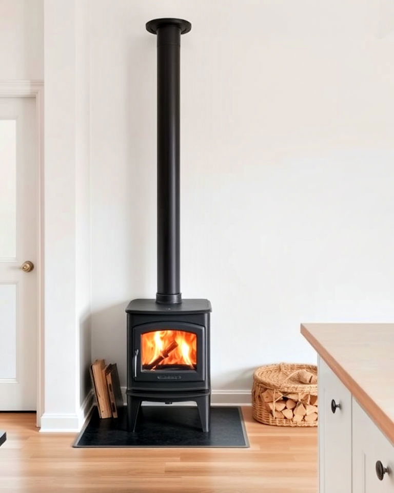 wood burning stove in a scandinavian inspired kitchen