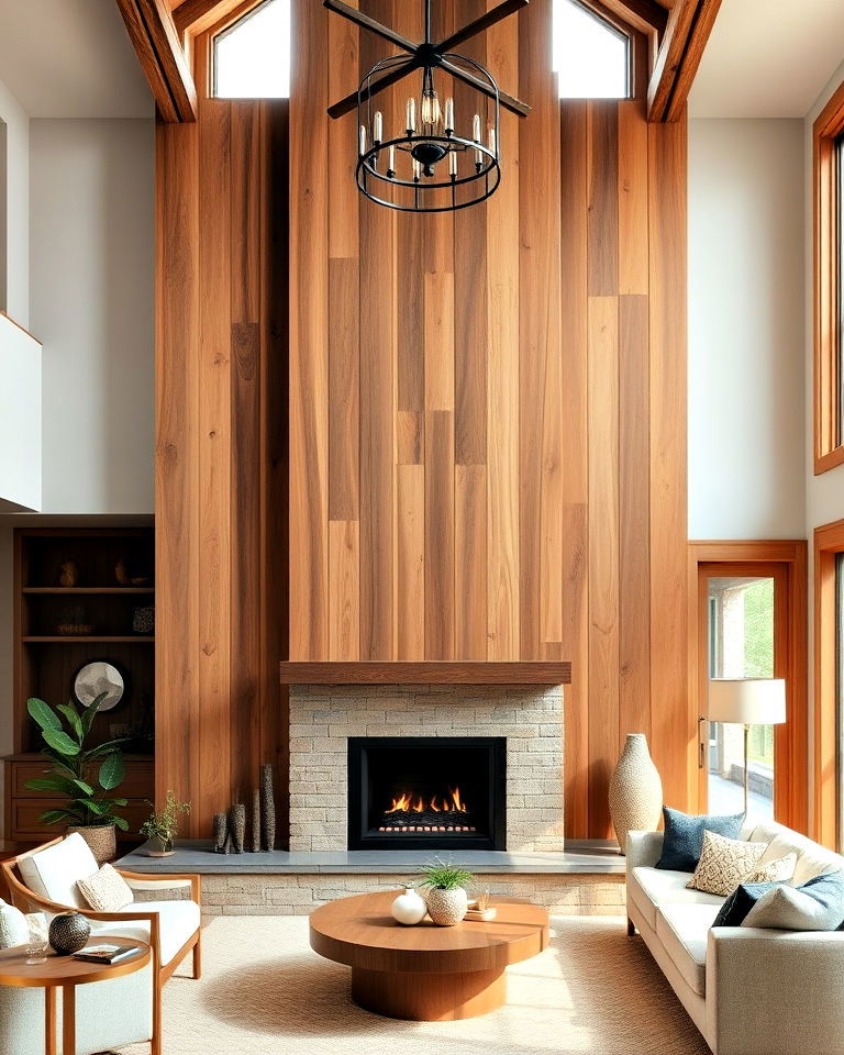 wood clad fireplace for a warm natural feel