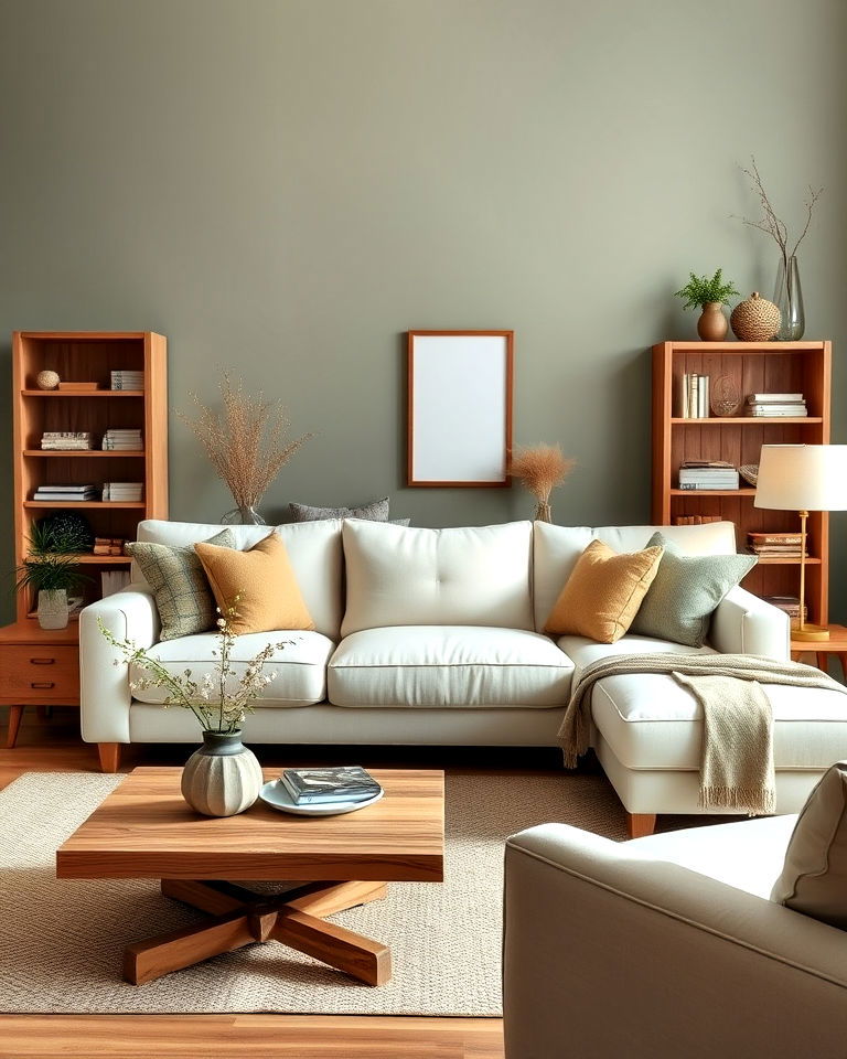 wood elements for cream couch living room