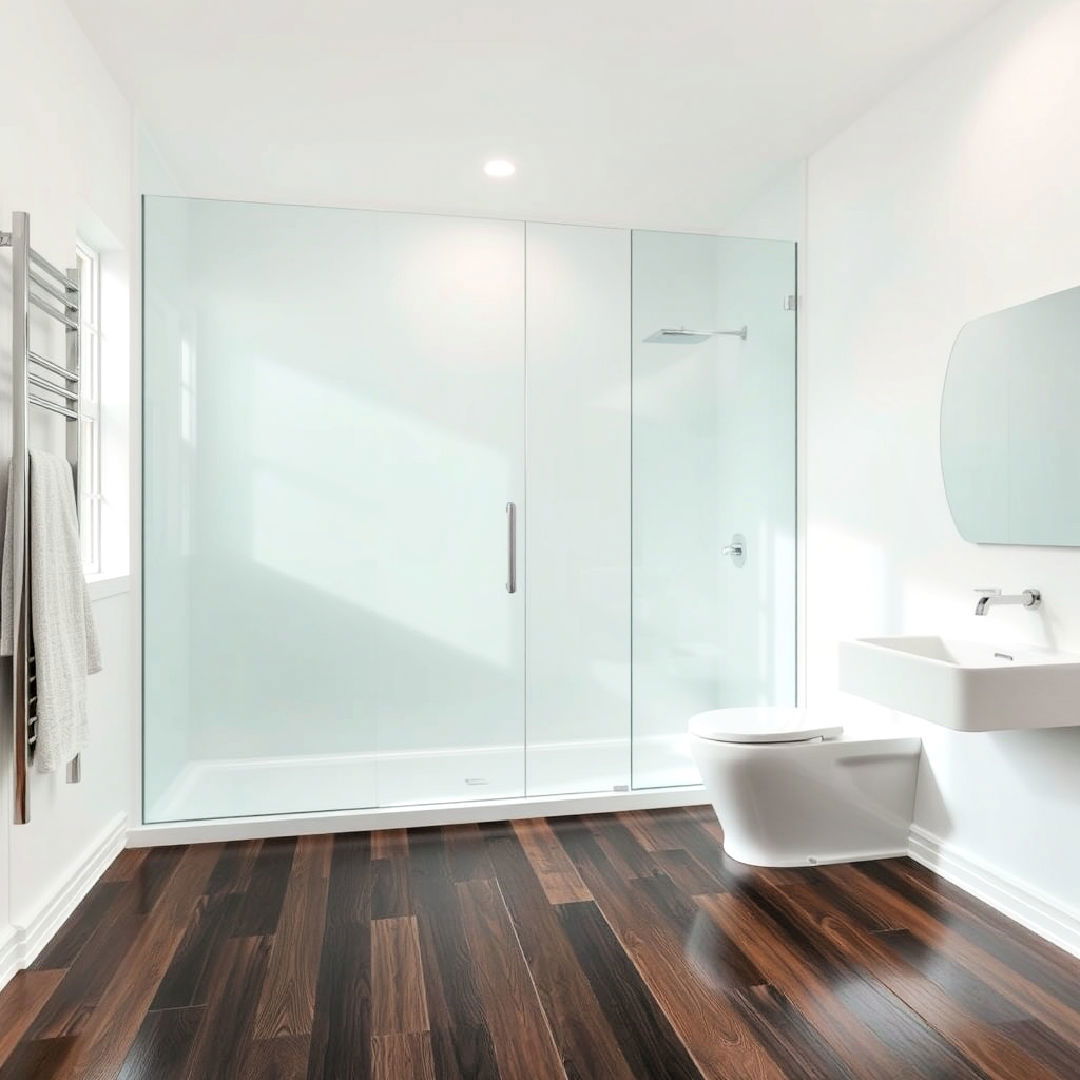 wood floors with glass shower enclosure idea