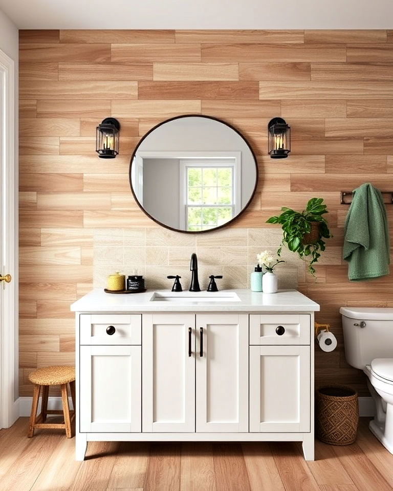 wood look tiles backsplash bathroom